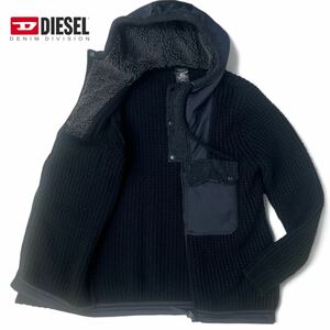 極美品/L相当●ディーゼル DIESEL ジップパーカー 編み込みニット ジャケット フード ボア 切替 厚手 極暖 ツイードウール 黒 ブラック