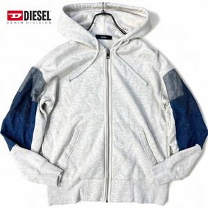 美品 希少モデル●DIESEL ディーゼル デニム 切替 パーカー ジップアップ 袖星柄 スウェット ジャケット S相当 グレー パッチワーク メンズ