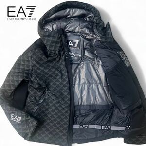 極美品 極暖ダウン●エンポリオアルマーニ EMPORIO ARMANI EA7 ダウンジャケット アウター ブルゾン ブランドロゴ 総柄 ブラック M相当