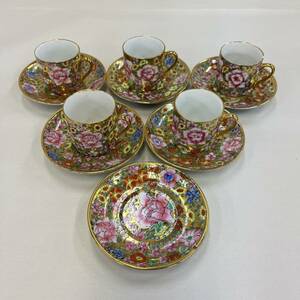 EA5055(021)-607/ST1000　食器まとめ　茶器5客セット＋皿1枚　中国廣彩　HAND PAINTED DECORATION　ハンドペイント　花柄　