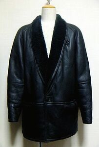 美品:Harvest Fine Leather.リアルムートン レザー ジャケット 黒 F(L-XL/ショールカラー/1釦/カーコート/上質.肉厚.羊毛革/幅63丈82/calee