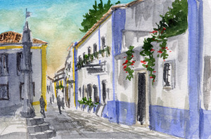 Art hand Auction No. 4355 Esquina de la calle al anochecer / Obidos, Portugal / Pintado por Chihiro Tanaka (acuarela de las cuatro estaciones) / Viene con un regalo, cuadro, acuarela, Naturaleza, Pintura de paisaje