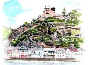 Art hand Auction □Non. 8479 Château du Chat/Rhin, Allemagne Illustration de Kimiko Tanaka/Livré avec un cadeau !, peinture, aquarelle, Nature, Peinture de paysage