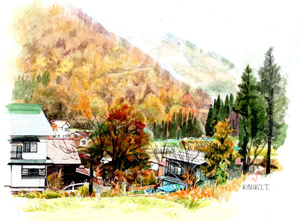 □Non. 8570 L'automne à la campagne 2/Akiyamago, Niigata de Kimiko Tanaka/livré avec un cadeau !, Peinture, aquarelle, Nature, Peinture de paysage