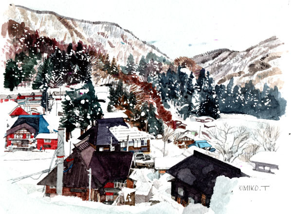 □No. 8619 Clear Winter Day Akiyamago, Niigata Prefecture / Illustration by Kimiko Tanaka / Comes with a gift!, Painting, watercolor, Nature, Landscape painting