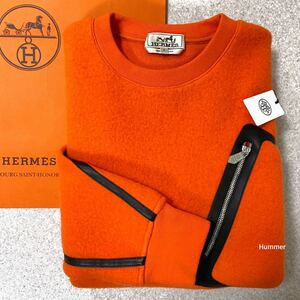 国内正規品 未使用 S Hermes エルメス ウール×カシミヤ レザートリミング トレーナー セーター ビッグポケット オレンジ ブランドタグ