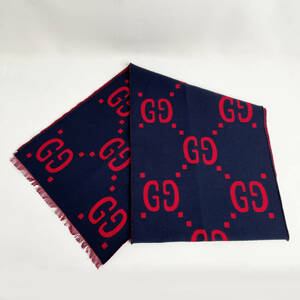  used beautiful goods *GUCCI muffler navy wool silk big Logo GG Jaguar GG pattern two-tone judgment ending Gucci 