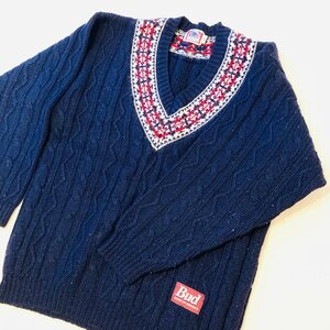 Budweiser　バドワイザー　NEW WOOL 100%　ビッグシルエット　Vネック　ニット セーター　ネイビー/紺系　2L　