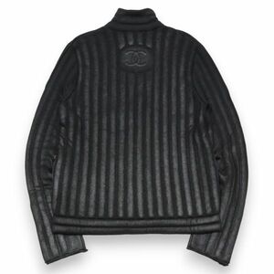 良品 CHANEL シャネル P44561 ココマーク CC ロゴ コーティング加工 ウール ニット ジップアップ ジャケット 42 ブラック 正規品