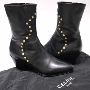 ★ 新品同様 CELINE セリーヌ エディ・スリマン スタッズ レザー ブーツ 36 ブラック ウエスタン ミドル ミディアム イタリア製 正規品