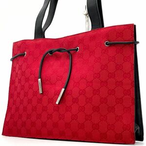 グッチ【極美品】GUCCI トートバッグ GG柄 レザー 本革 キャンバス 紐 シルバー金具 レッド A4収納可 肩掛け可 ビジネス メンズ レディース