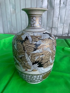 薩摩窯印 金彩色絵 鶴雲文 花瓶 壺 花器 陶芸 置物 古美術品