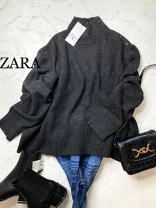 ZARA ザラ★タグ付き未使用★大人可愛い★ゆったり ボタンデザイン ハイネック ニット セーター タートル★ダークグレー Lサイズ yz0110