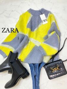 ZARA ザラ★タグ付き未使用★大人可愛い★キレイ色 配色柄 肉厚 ブラッシュフィニッシュPATCHWORK ニットセーター★イエローMサイズyz0135