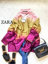 ZARA ザラ★タグ付き未使用★大人可愛い★鮮やか キレイ色 グラデーション とろみ素材 シャツ ブラウス★ピンク系 Mサイズ yz1012_画像1