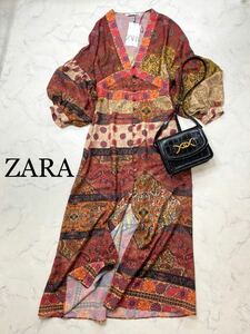 ZARA ザラ★タグ付き未使用★大人素敵★パッチワークプリント アンティークフラワー花柄 ロングワンピース ボリューム袖★XSサイズ yz0155