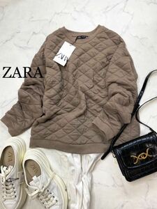 ZARA ザラ★タグ付き未使用★大人可愛い★くすみカラー キルティングスウェットシャツ プルオーバートップス★モカ Mサイズyz0159