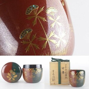 【都屋】39　竹内幸斎 作「四季草花蒔絵 中棗」螺鈿細工入 共箱 高さ 約7cm 幅 約6.5cm 木製 棗 香合 茶碗 茶道具