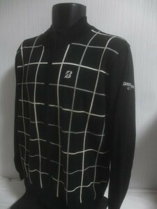 ■436■男セーター■ブリヂストンGOLF Men'sフルZIPセーター/USED/ＬＬ/黒地x生成xグレー/前格子柄/刺しゅう