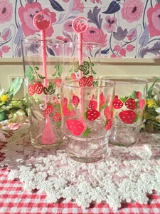  unused * Orient Sasaki glass retro pop strawberry pattern zon Be glass &HS glass muddler spoon set stone . glass ate rear fancy 