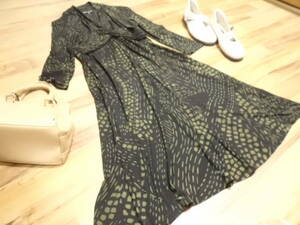 2.3回着用 美品 ジョーンズニューヨーク JONES NEWYORK DRESS 濃いグリーン柄 デザイン ワンピース 6 M レタパ520円発送 同梱OK