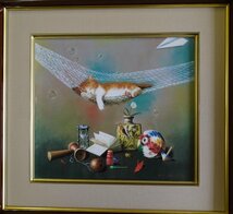 ・作者：八代亜紀・画題：ハンモックと猫・技法：色紙絵（複製画)NO-6-1-8.8_画像1