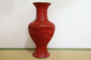 特大 堆朱 山水図花瓶 中国美術 剔紅花入花器　★細工彫 華道具 高38cm