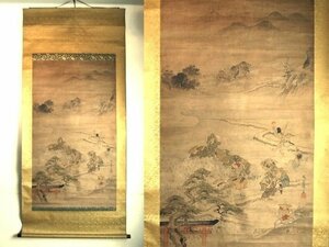 田植図 特大掛け軸　掛軸　日本画　田植図　農耕図　在銘　墨絵　古美術　骨董　D9