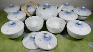 茶器 有田焼 急須と湯呑み10客セット 陶器 白地 透かし花模様スプレー状薄藍色