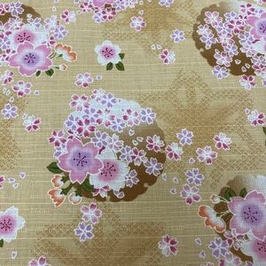 生地／ハギレ　麻の葉×桜　小花柄　和柄　ベージュ系　生地幅115×丈100cm　延長可能