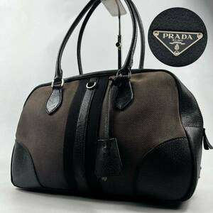 1円〜【入手困難品】 PRADA プラダ ミニボストンバッグ ハンドバッグ トライアングルロゴ キャンバス ブラック 黒 レザー トートバッグ