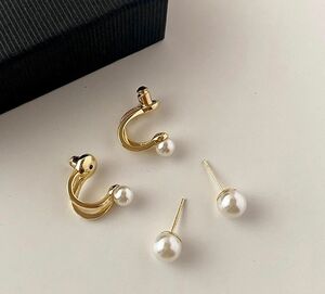 【新品】ピアス earrings 真鍮シルバー ゴールド ロジウム 14金 （シルバー925）両耳用・パールネックレスのセット