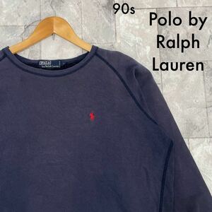 90s POLO by Ralph Lauren ポロ ラルフローレン トレーナー USA企画 ラグラン ヴィンテージ ナスコン ネイビー サイズS 玉FL3326