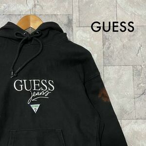 GUESS JEANS ゲス 刺繍ロゴ sweat hoodie スウェットパーカー プルオーバー 肉厚 リバースウィーブタイプ ブラック サイズS 玉FL3358