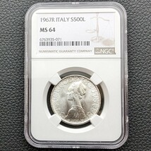 1円スタート⑮ 銀貨 1967年 イタリア 500リラ コロンブスの航海 銀貨 鑑定 NGC MS64 シルバーコイン サンタマリア号 金貨銀貨多数出品中_画像2