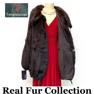 Tengfeipicao MINK 毛皮コート ヤーン ミンク 本物毛皮 realfur リアルファー ミディアム丈 着丈62cm 裾周囲107cm club藤(N615)