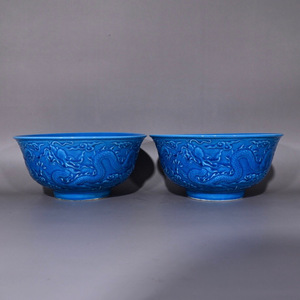 【超珍館蔵】清 雍正年製款 古陶瓷品 寶石藍 開片 龍紋 供碗一對 置物 古賞物 古美術品 稀少珍蔵品
