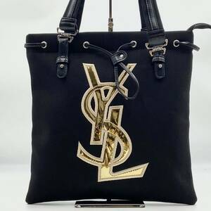 1円【新品未使用】イヴサンローラン YVES SAINT LAURENT カハラ レディース トートバッグ A4 キャンバス レザー 黒 ブラック ゴールド