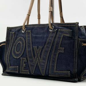 1円【超希少/美品】LOEWE ロエベ デニム ショッパートート ハンドバッグ ビジネス 肩掛け アナグラム デカロゴ レザー ネイビー 正規品