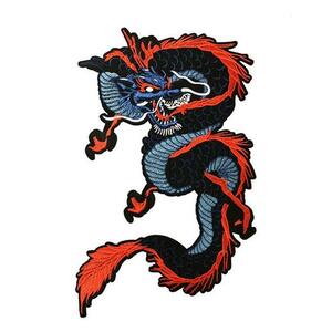ワッペン　ドラゴン　民族風　特大　アイロンワッペン　赤青黒　龍　豪華刺繍