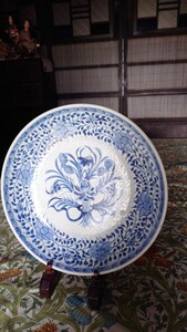 中国　清朝末期　青花　花模様　中皿　染付　chinease antique