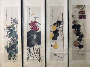 中国画 近現代画家 斉白石 花卉 四條屏中堂画 手描き 掛軸 巻き物 宣紙 水墨中国画 時代物 中国美術 賞物 美術品 AH87