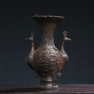 唐物 中國 清代 銅製 鳳凰花瓶 時代物 中國古美術 賞物 極細工 置物 YF190