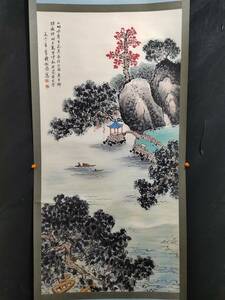 珍藏 唐物 中国近現代山水画家 銭松岩 山水図 手描き 掛軸 巻き物 書画 時代物 宣紙 中国美術 賞物 美術品 XRG167