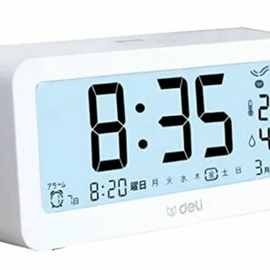 超美品　電波目覚まし時計　deli 温度計　湿度計付き ホワイト シンプル おしゃれ バックライト　白　置き時計　deli