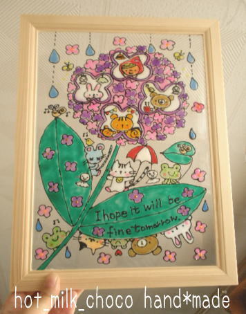 ★NO.A06★Style vitrail, Format A4, hortensia, fleur, pluie, Juin, fille, animal, lapin, ours, écureuil, chat, Fait main, marchandises diverses, intérieur, œuvres faites à la main, intérieur, marchandises diverses, autres