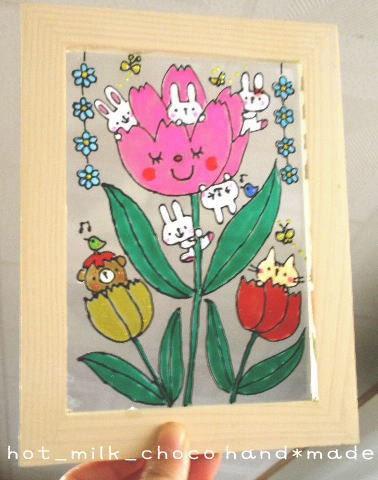 ★NO.L38★Stained glass style, 2L size, tulips, flowers, spring, pink, red, yellow, rabbit, handmade, miscellaneous goods, interior decoration, art, flower, Horticulture, others