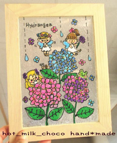 ★NO.L45★Stained glass style, 2L size, hydrangea, flower, fairy, rain, frog, handmade, miscellaneous goods, illustration, interior, decoration, art, picture, Handmade items, interior, miscellaneous goods, others