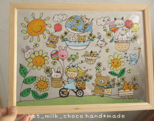 ★NO.A09★Style vitrail, Format A4, tournesol, fleur, été, fille, vélo, fleur, enseigne, fleuriste, illustration, Fait main, marchandises diverses, intérieur, Articles faits à la main, intérieur, marchandises diverses, ornement, objet