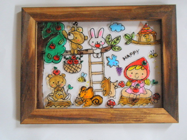 ★NO.L77★Stained glass style･2L size･Apple･Apple tree･Girl･Red riding hood･Apple picking･Forest･Handmade･Miscellaneous goods･Interior･Art, handmade works, interior, miscellaneous goods, others